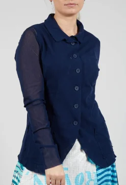 Button Through Jacket with Sheer Sleeves in Navy