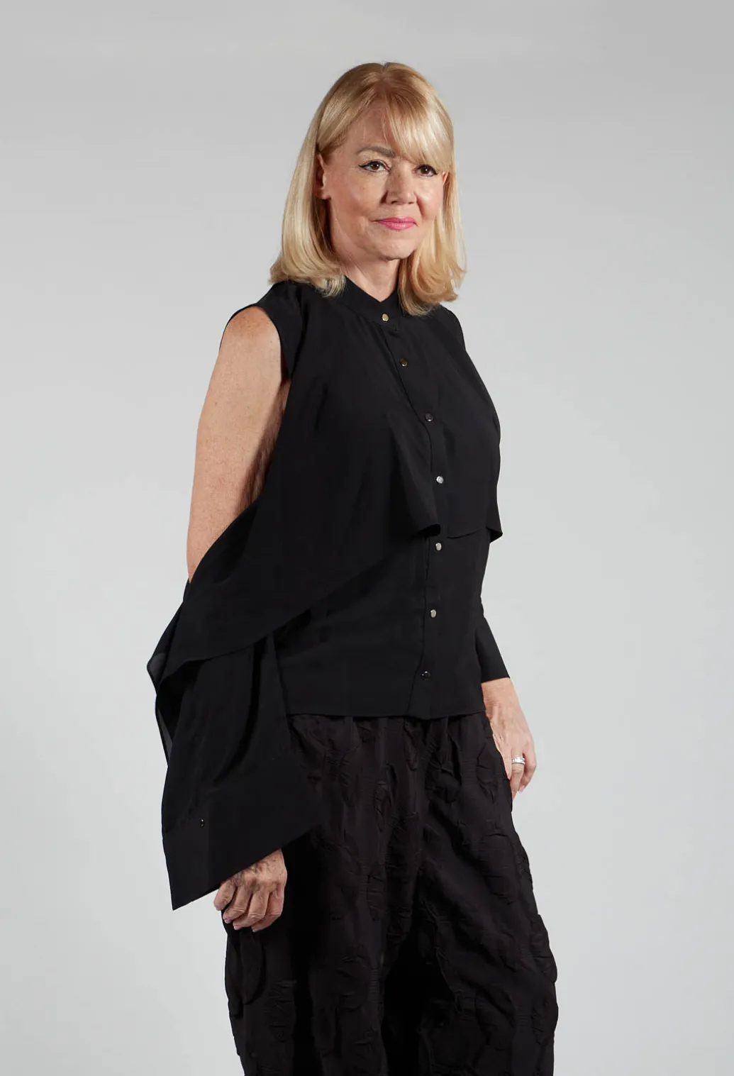 Button Through Shirt with Cut Out Shoulders in Black
