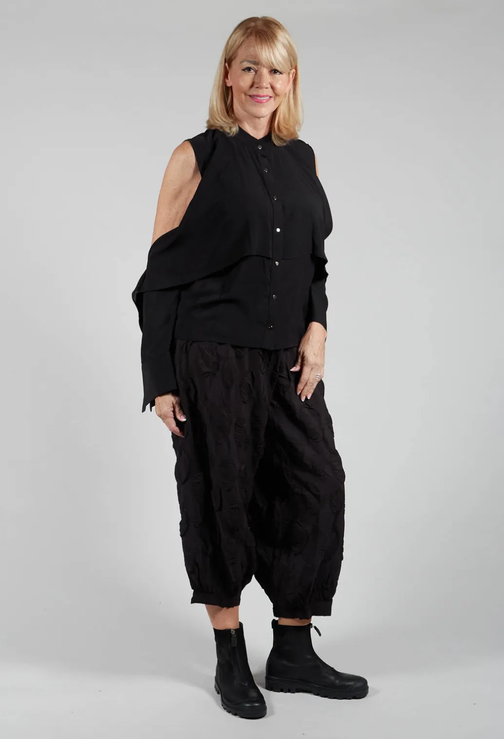 Button Through Shirt with Cut Out Shoulders in Black