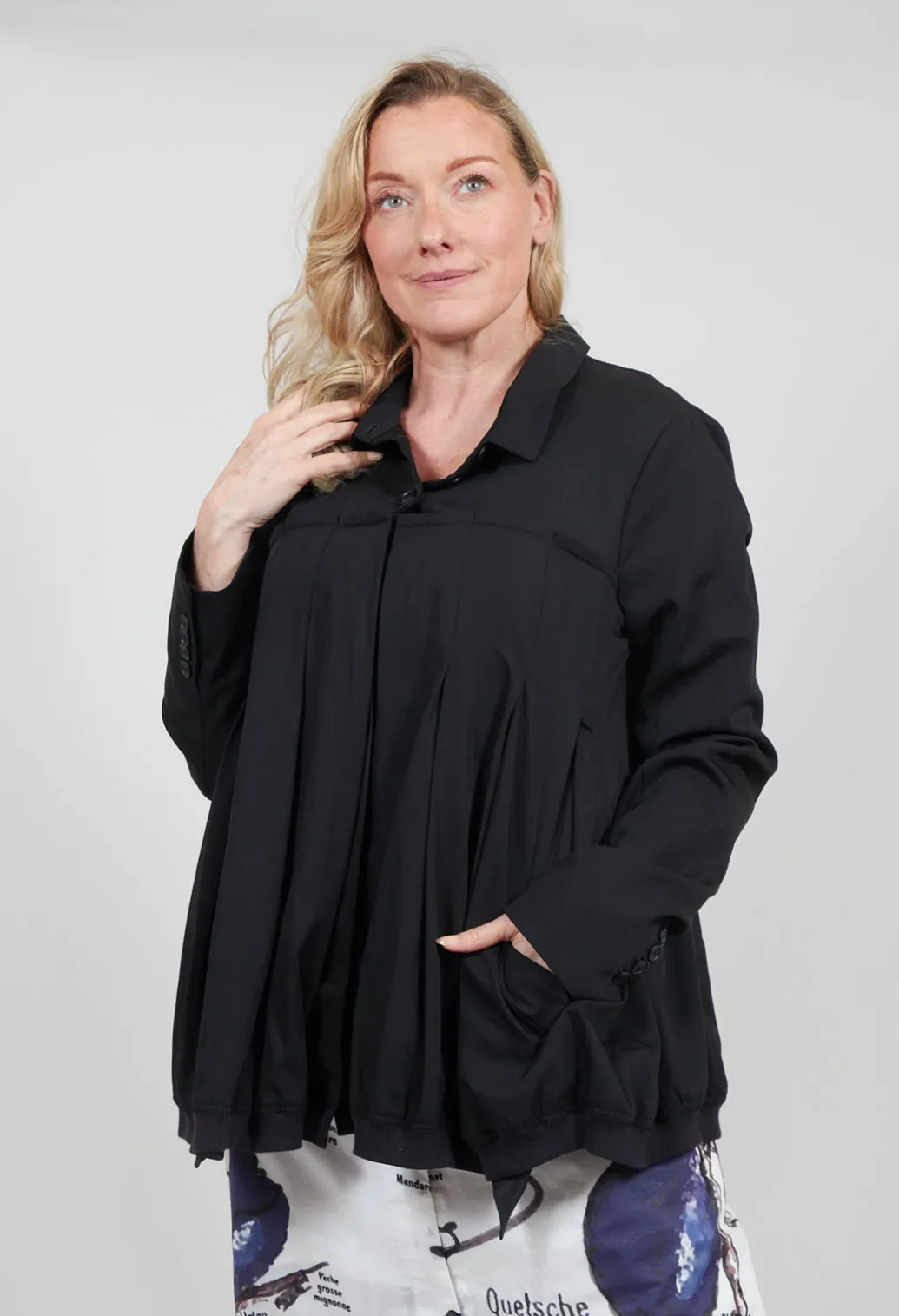 Button Up Bomber Jacket with Pleat Detail in Black