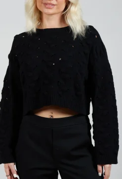 Cable Knit Cropped Sweater in Black