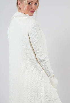 Cable Knit Long Cardigan in Off White