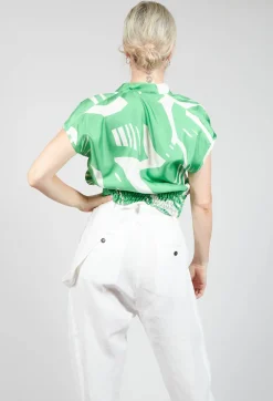 Capped Sleeve Silk Blouse in Green Macro Print