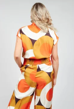 Capped Sleeve Silk Blouse in Circle Print