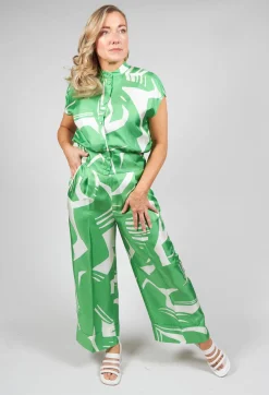 Capped Sleeve Silk Blouse in Green Macro Print