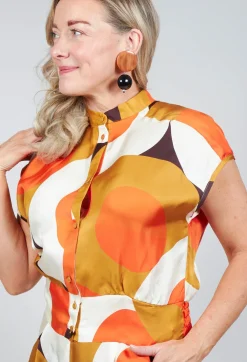 Capped Sleeve Silk Blouse in Circle Print