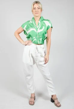 Capped Sleeve Silk Blouse in Green Macro Print