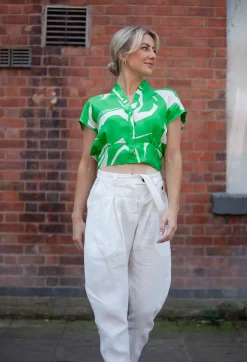 Capped Sleeve Silk Blouse in Green Macro Print