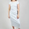 Capped Sleeve Slim Fit Dress in Placed Grey Print