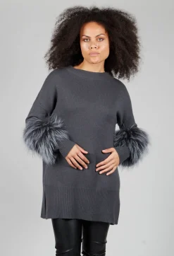 Cashmere Jumper with Fur Trim Sleeves in Volcanic Rock Grey