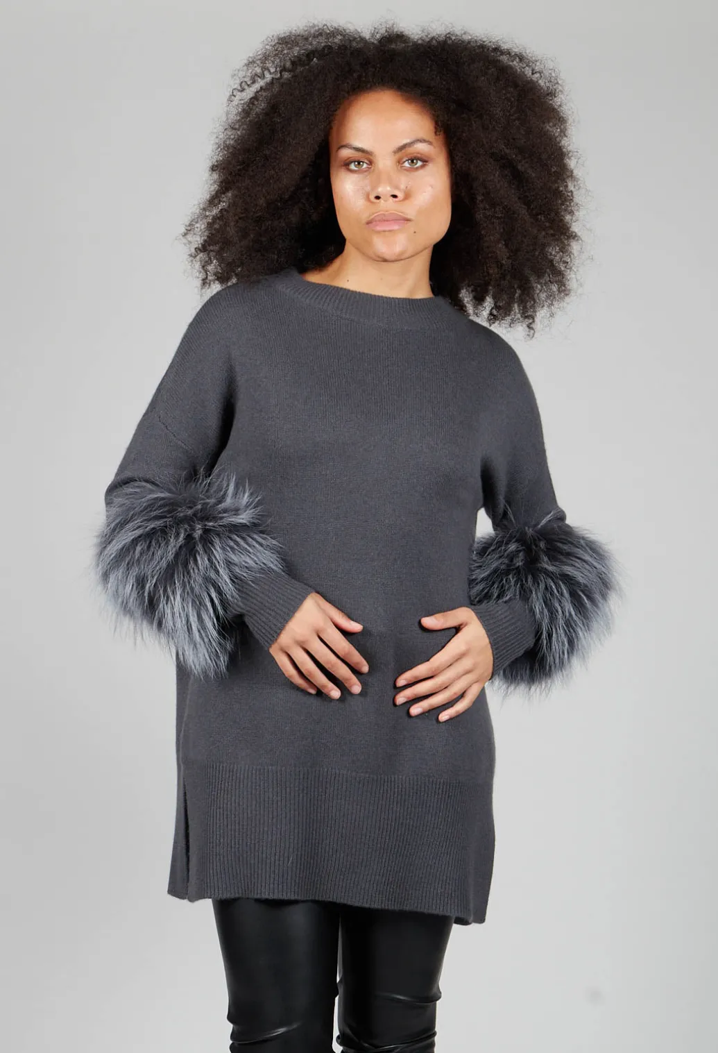 Cashmere Jumper with Fur Trim Sleeves in Volcanic Rock Grey