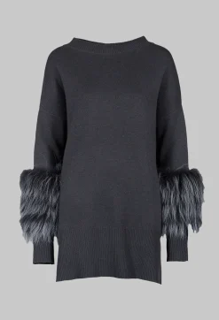 Cashmere Jumper with Fur Trim Sleeves in Volcanic Rock Grey