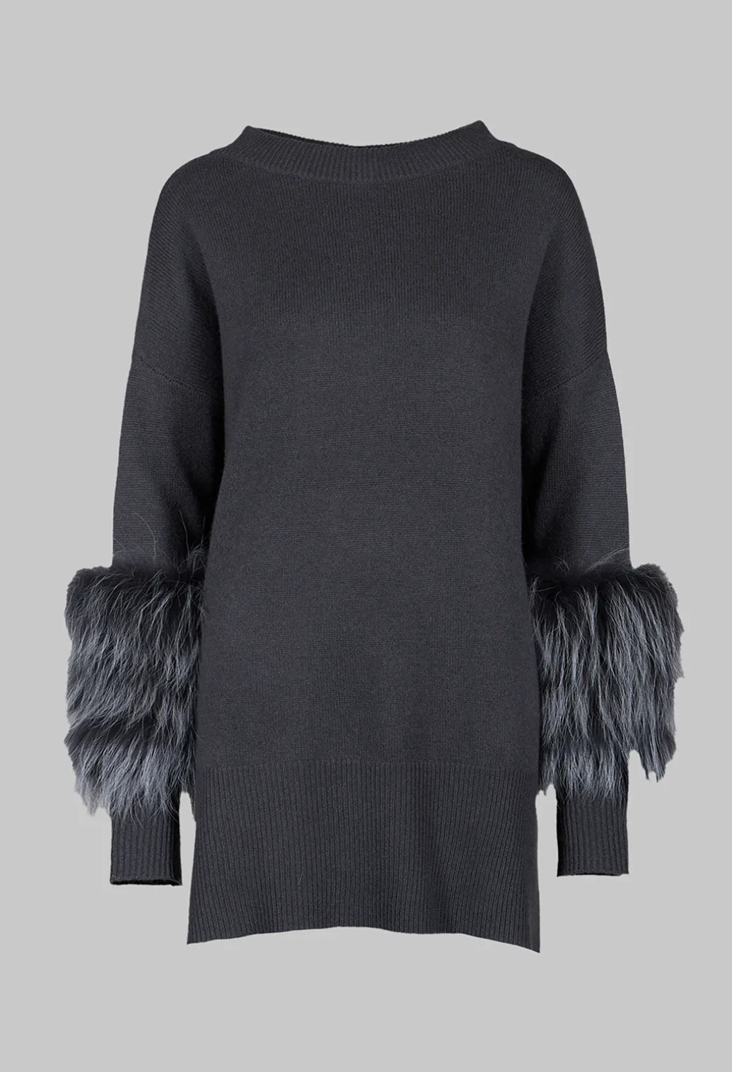 Cashmere Jumper with Fur Trim Sleeves in Volcanic Rock Grey