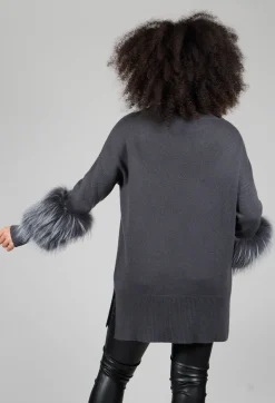 Cashmere Jumper with Fur Trim Sleeves in Volcanic Rock Grey