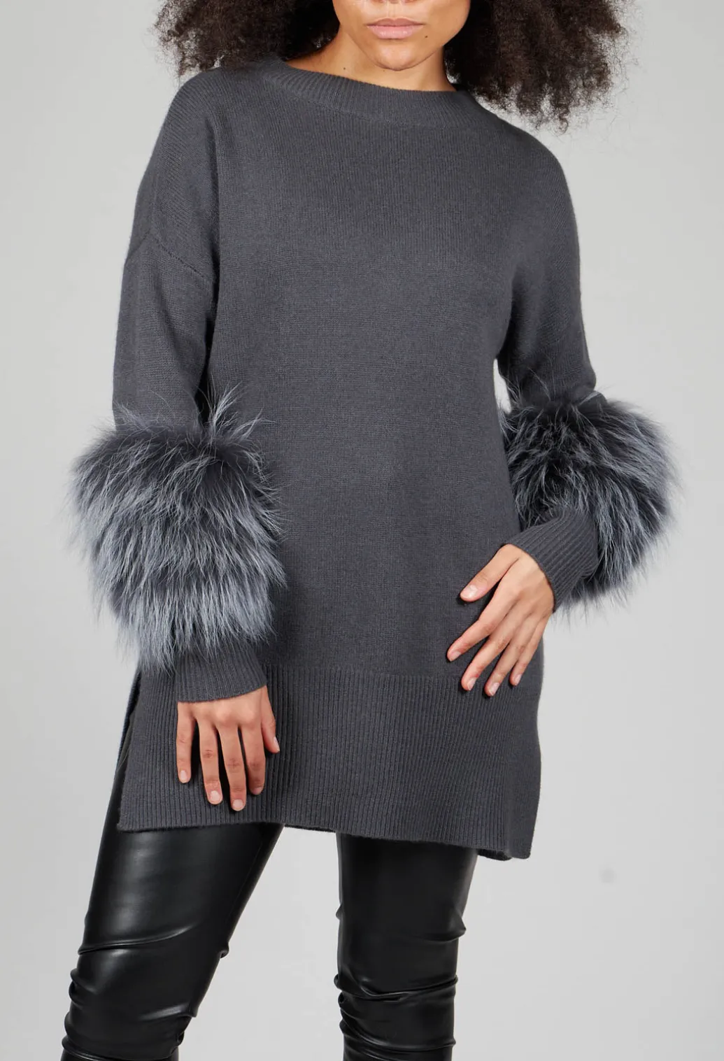 Cashmere Jumper with Fur Trim Sleeves in Volcanic Rock Grey