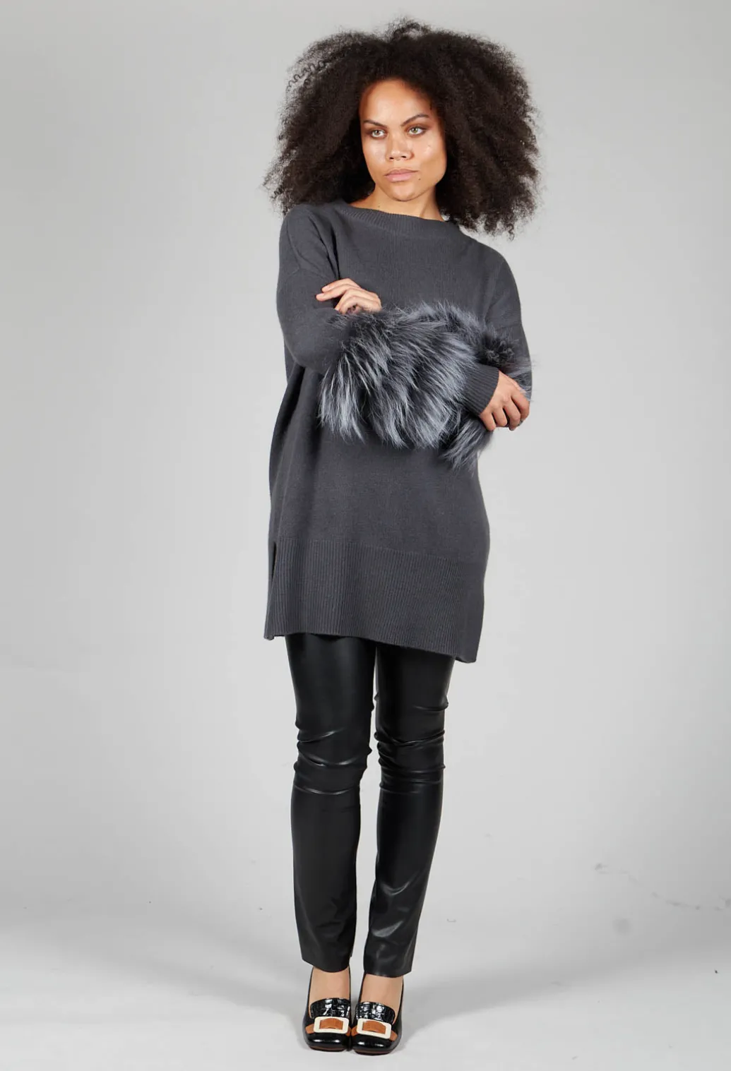 Cashmere Jumper with Fur Trim Sleeves in Volcanic Rock Grey