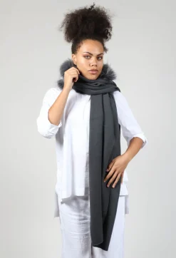 Cashmere Scarf with Fur Trim in Volcanic Rock Grey