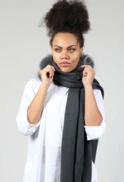 Cashmere Scarf with Fur Trim in Volcanic Rock Grey