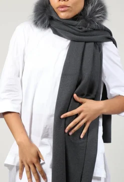 Cashmere Scarf with Fur Trim in Volcanic Rock Grey