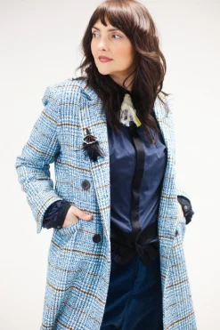 Checked Wool Coat in Light Blue