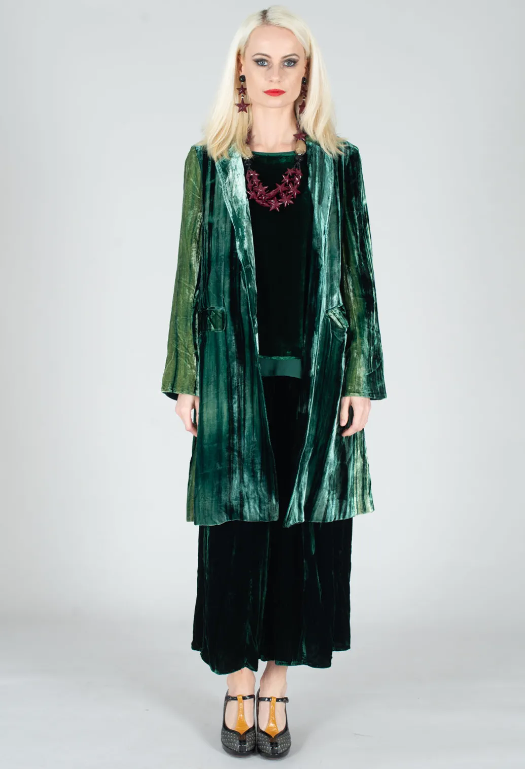 Colette Coat in Bottle Green and Mint Stripe