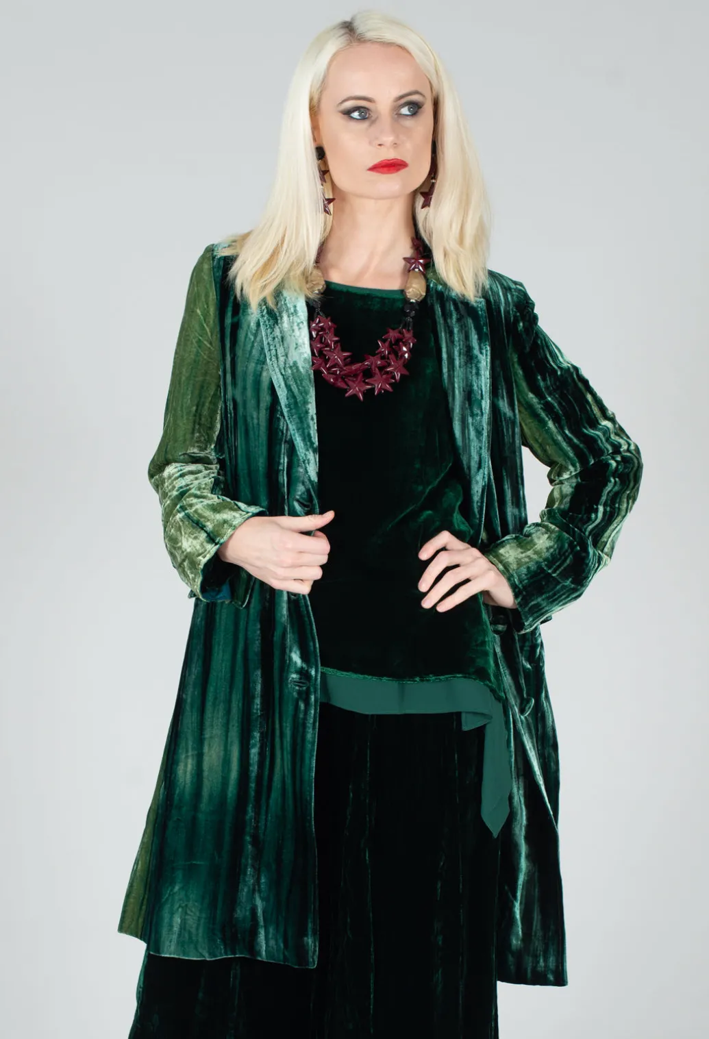 Colette Coat in Bottle Green and Mint Stripe