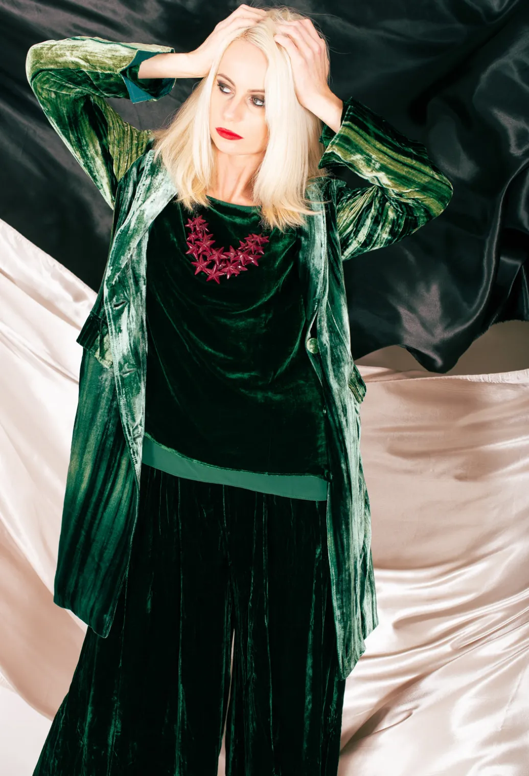 Colette Coat in Bottle Green and Mint Stripe