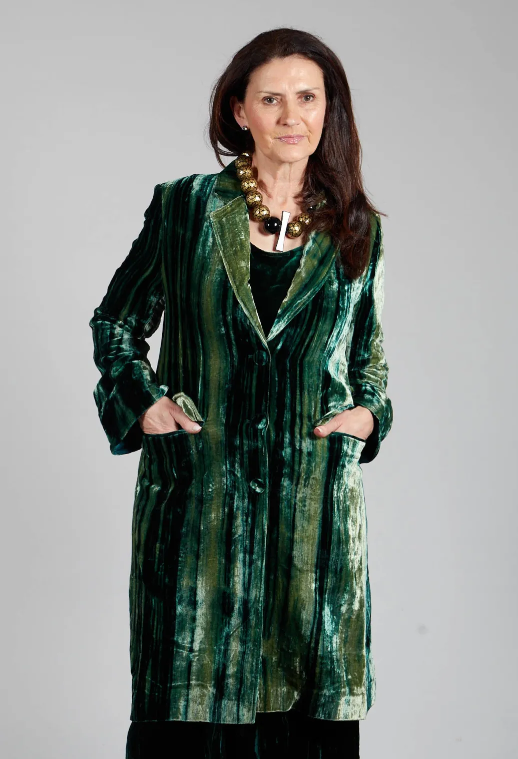 Colette Coat in Bottle Green and Mint Stripe