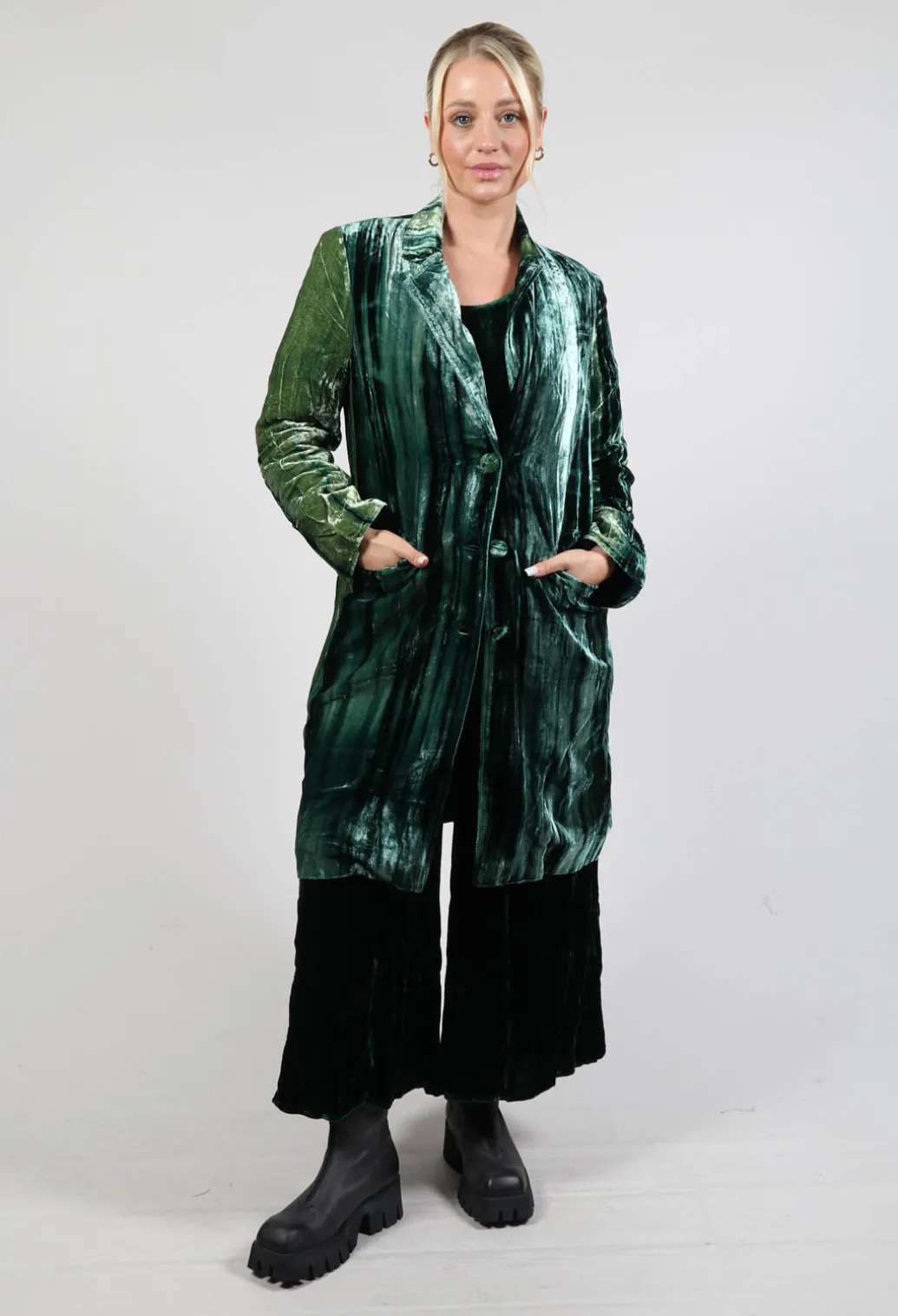 Colette Coat in Bottle Green and Mint Stripe
