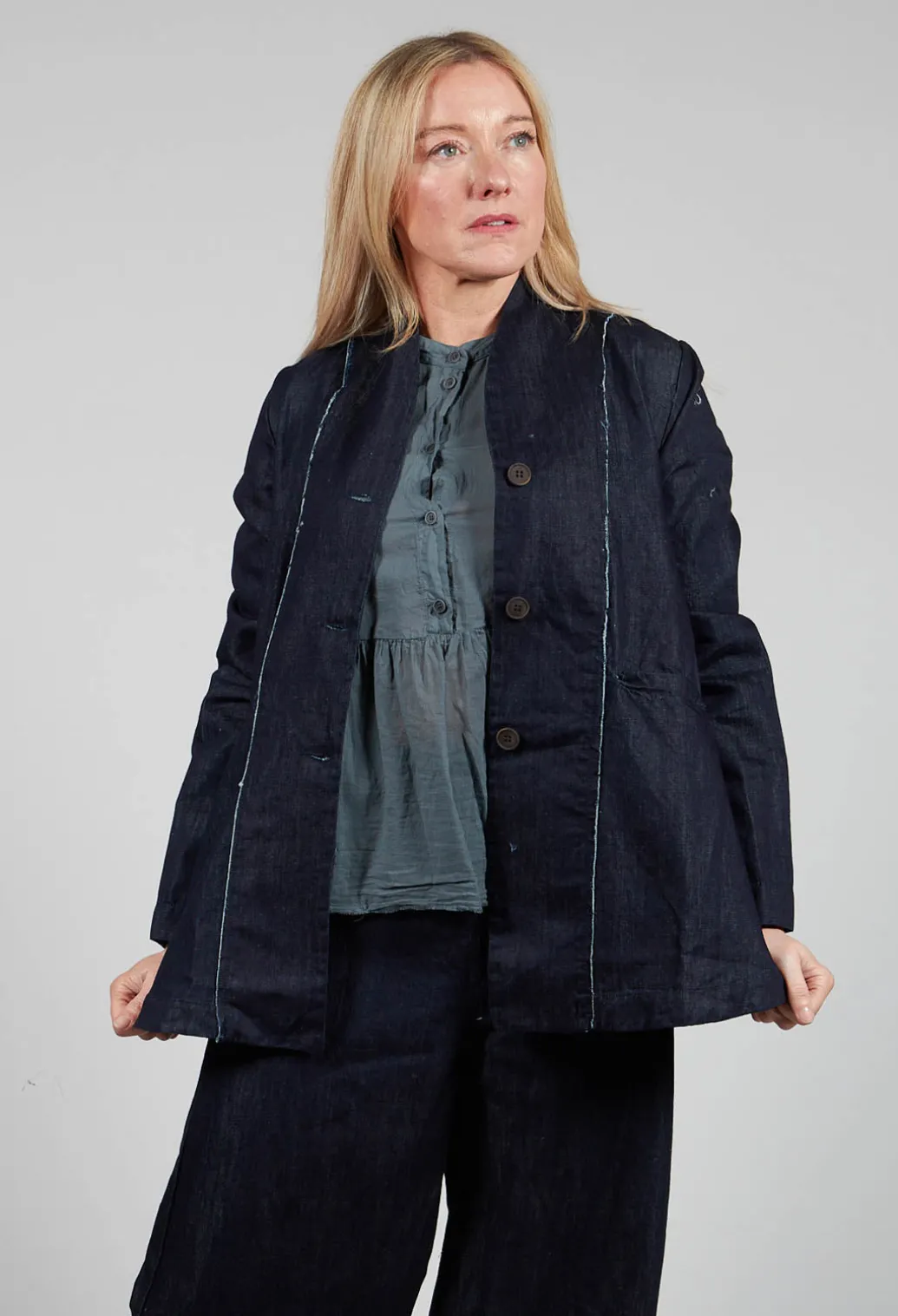 Collarless Jacket in Denim