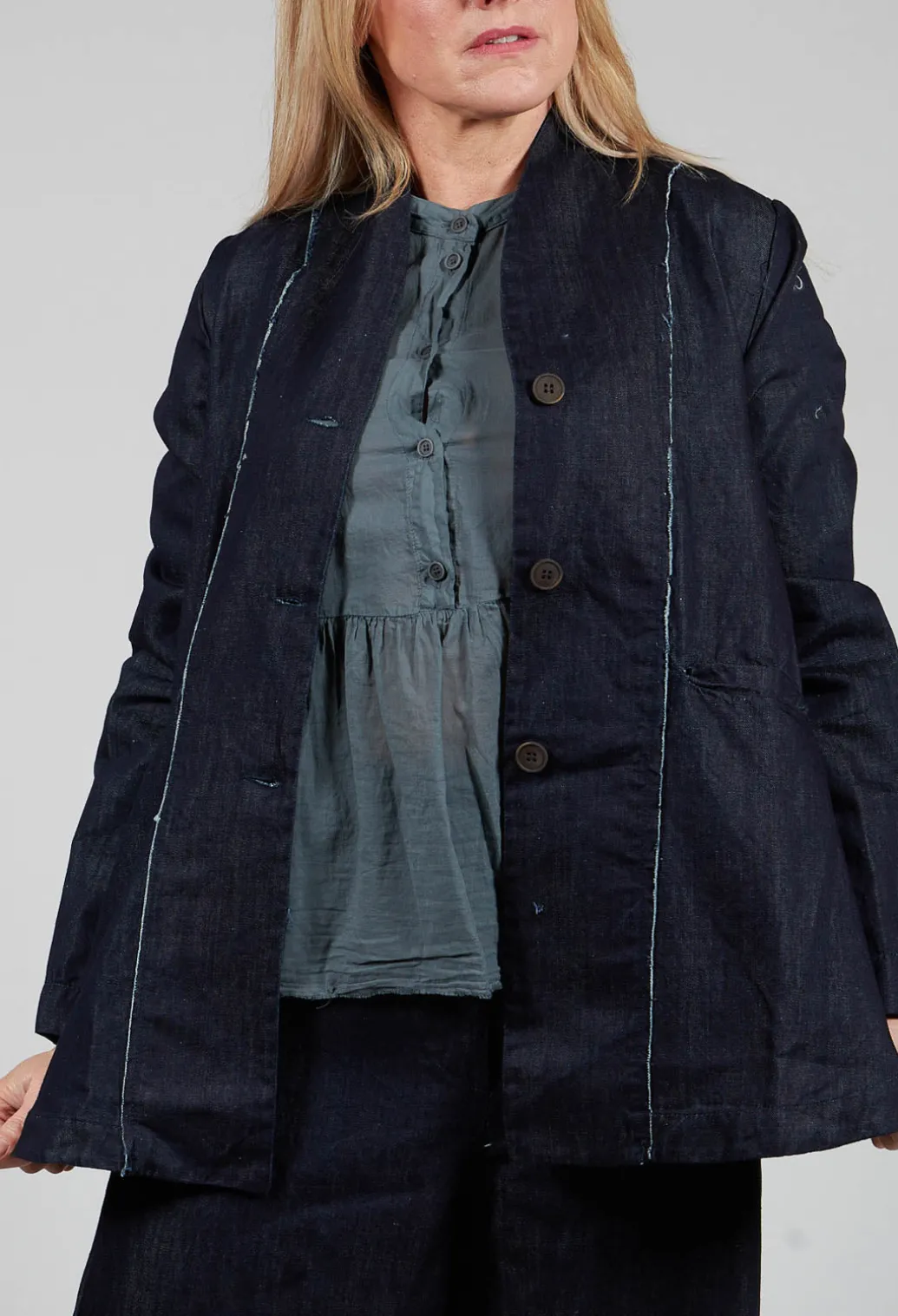 Collarless Jacket in Denim