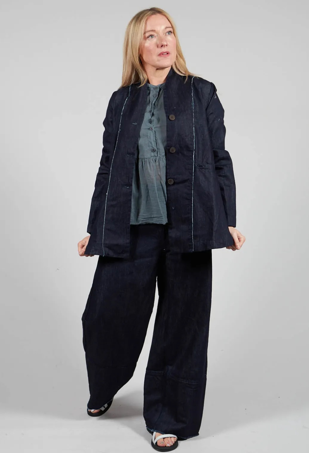 Collarless Jacket in Denim