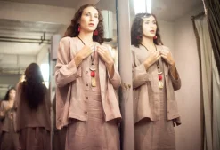 Collarless Linen Shirt in Dusky Pink