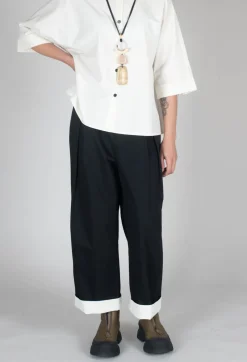Contrast Hem Cotton Trousers in Black