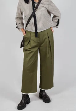 Contrast Hem Cotton Trousers in Olive