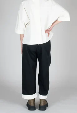 Contrast Hem Cotton Trousers in Black