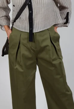 Contrast Hem Cotton Trousers in Olive