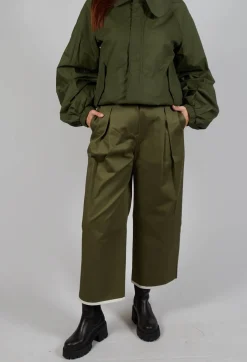 Contrast Hem Cotton Trousers in Olive
