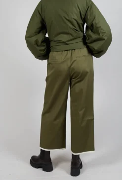 Contrast Hem Cotton Trousers in Olive