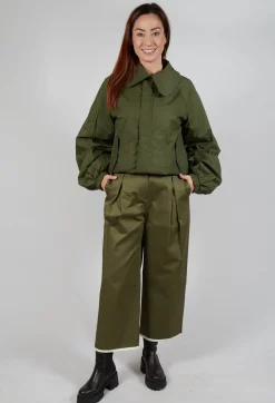 Contrast Hem Cotton Trousers in Olive