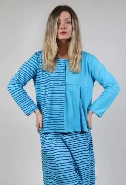 Contrast Sleeve Top in Turquoise with Blue Lines