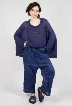 Cotton Drop-Crotch Trousers with Pull String Waist in Ocean Paper