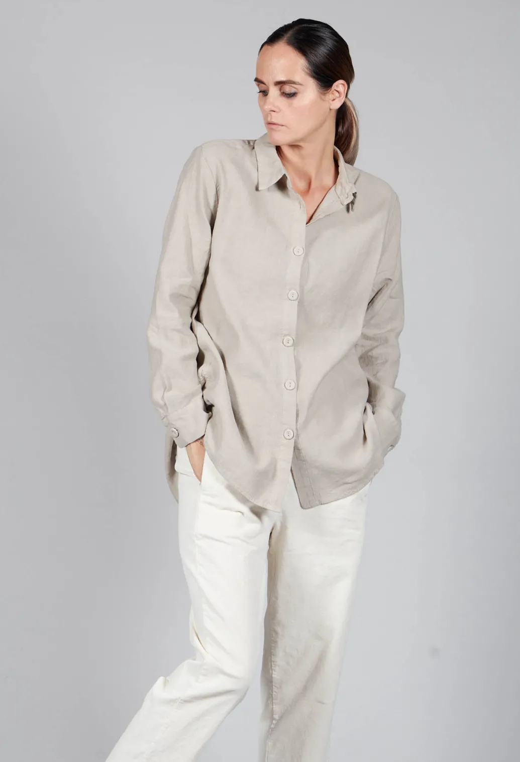 Cotton Linen Blend Button Up Shirt in Sand