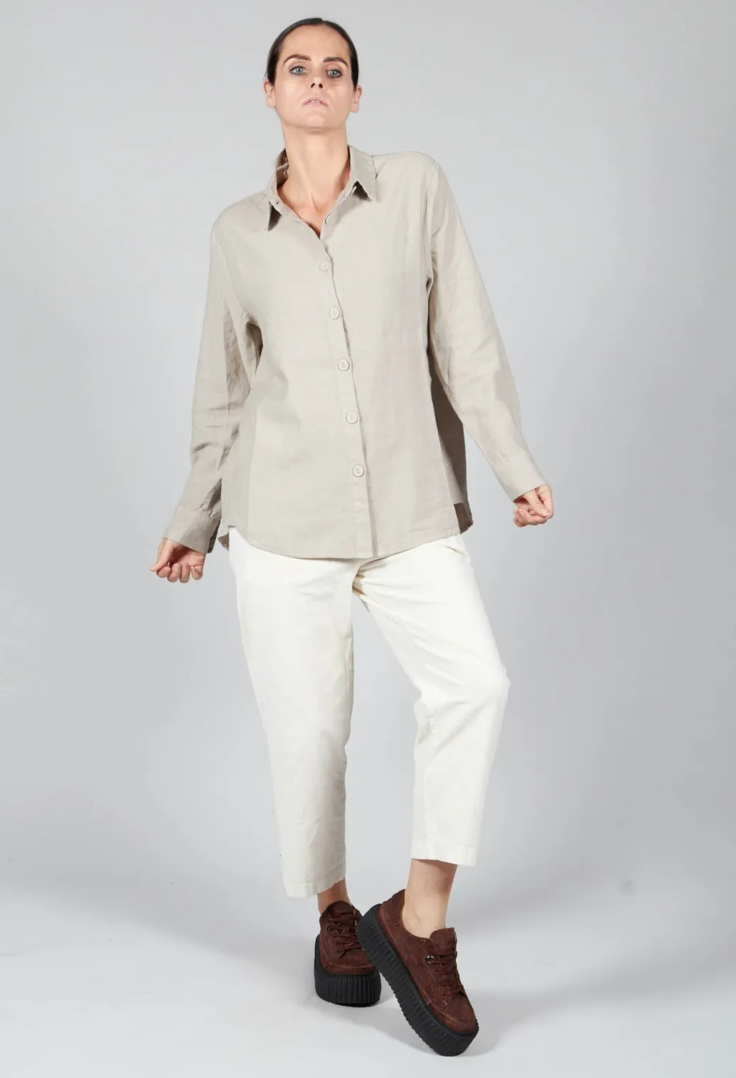 Cotton Linen Blend Button Up Shirt in Sand