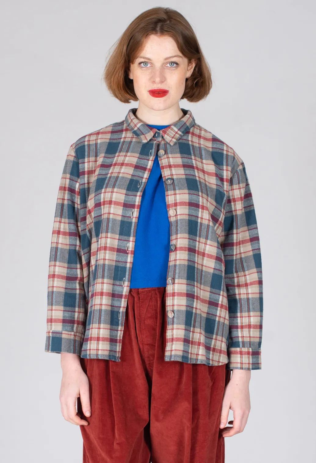 Cotton Plaid Button Up Shirt in Sand