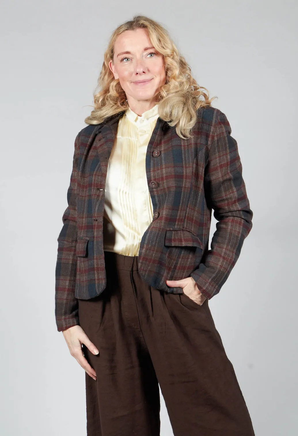 Cotton Plaid Cropped Jacket in Espresso