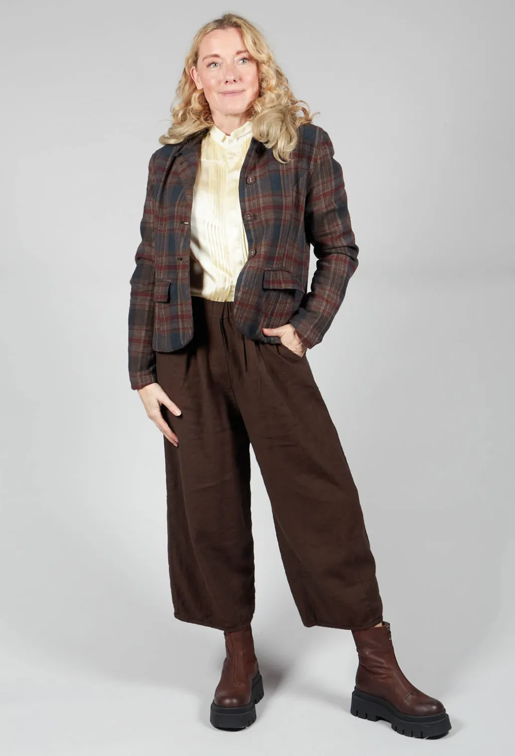 Cotton Plaid Cropped Jacket in Espresso