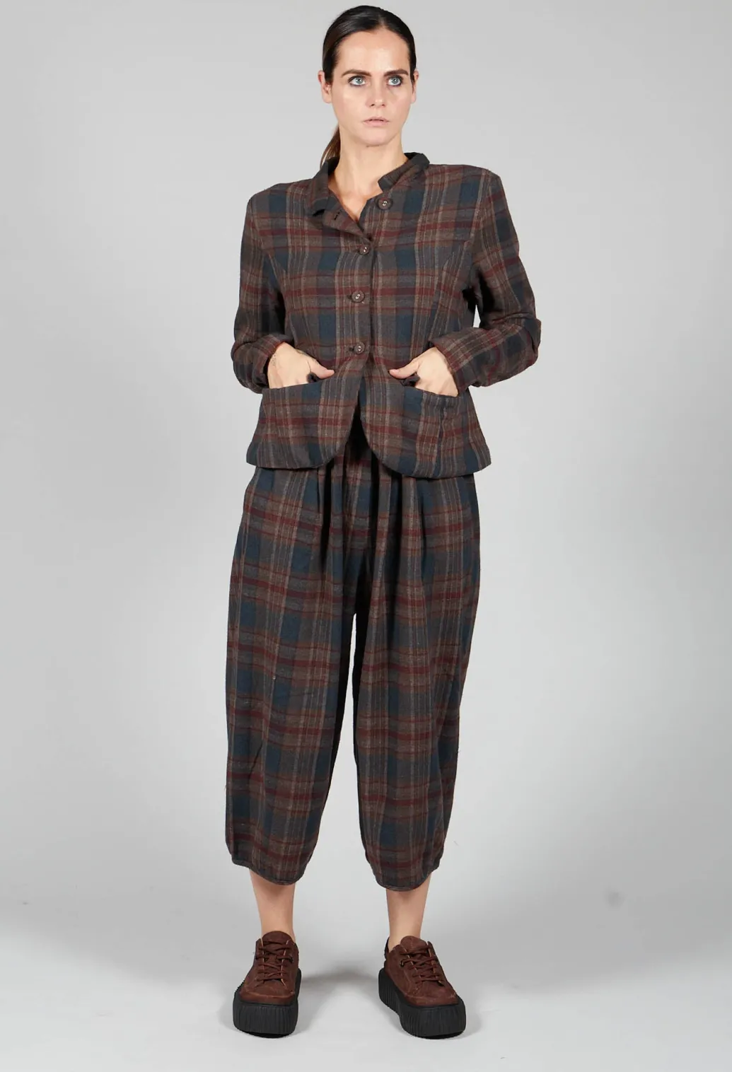 Cotton Plaid Cropped Jacket in Espresso