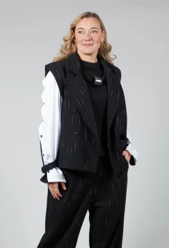 Cotton Striped Blazer Vest in Black