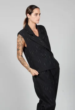 Cotton Striped Blazer Vest in Black